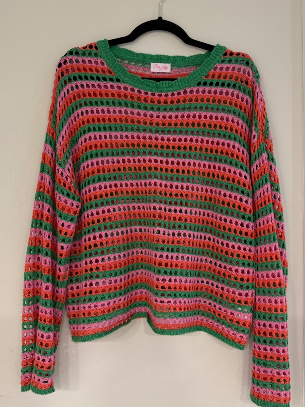 Pink Lily Green, Pink & Coral Open-Knit Striped Sweater